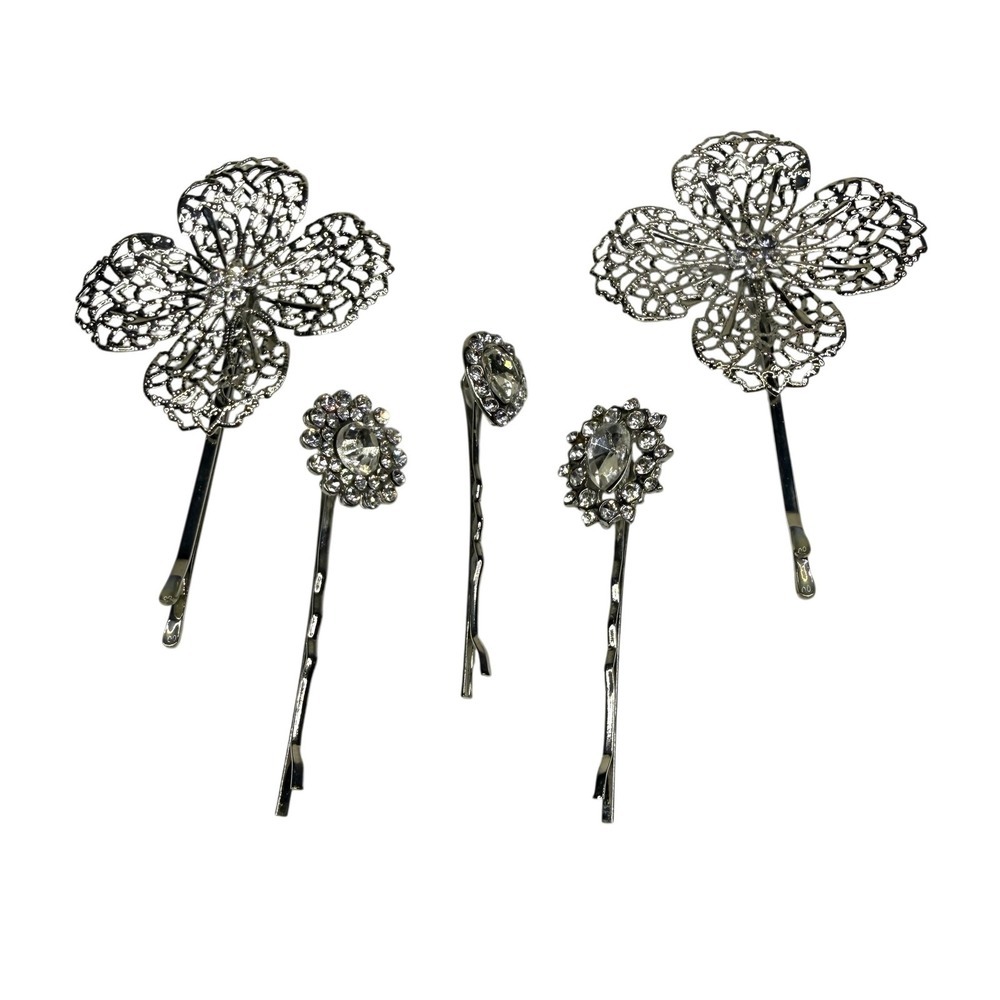 Silver Tone Rhinestone Hair Pins Set Filigree Flower Bobby Pins Bridal 5 Pcs